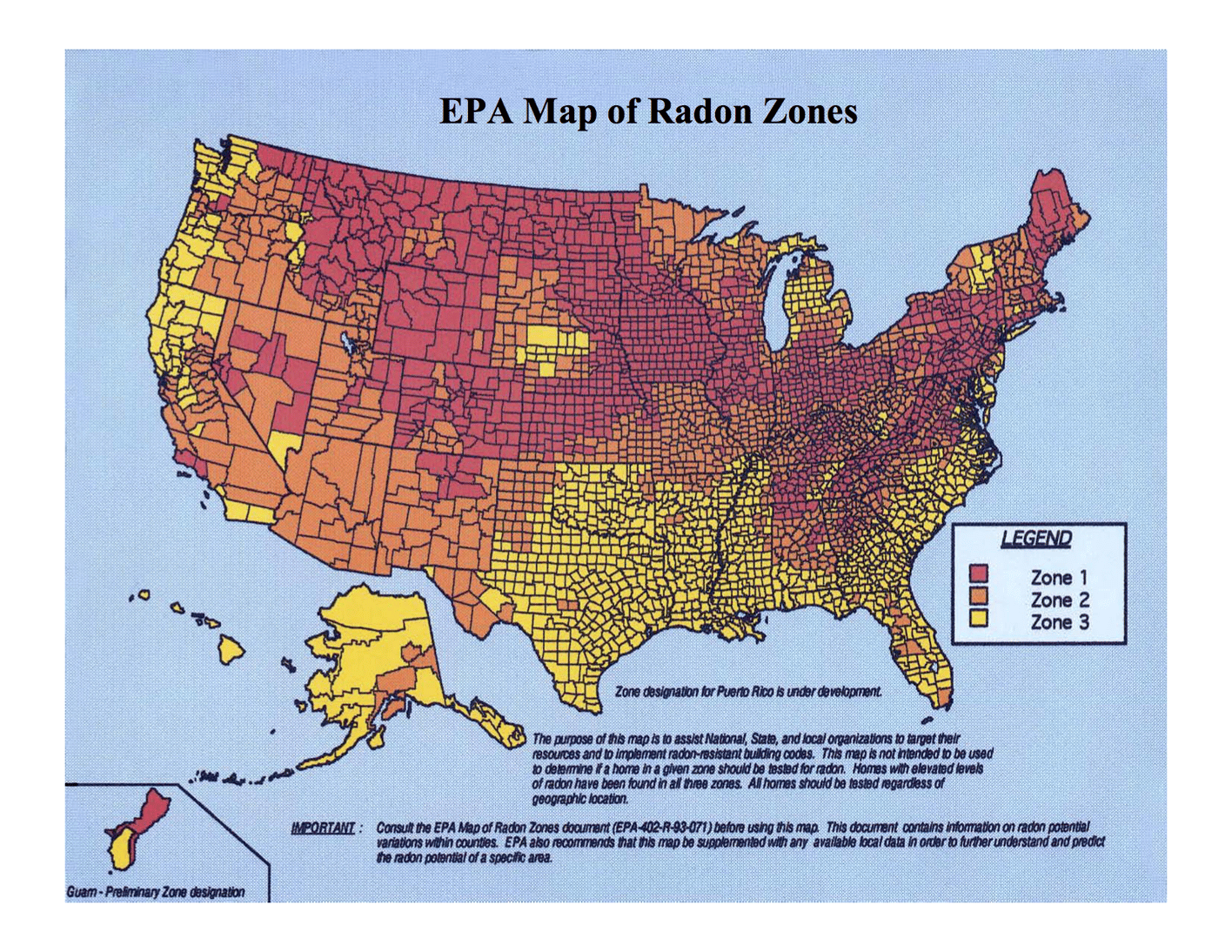 EPA Map of high Radon Gas Zones