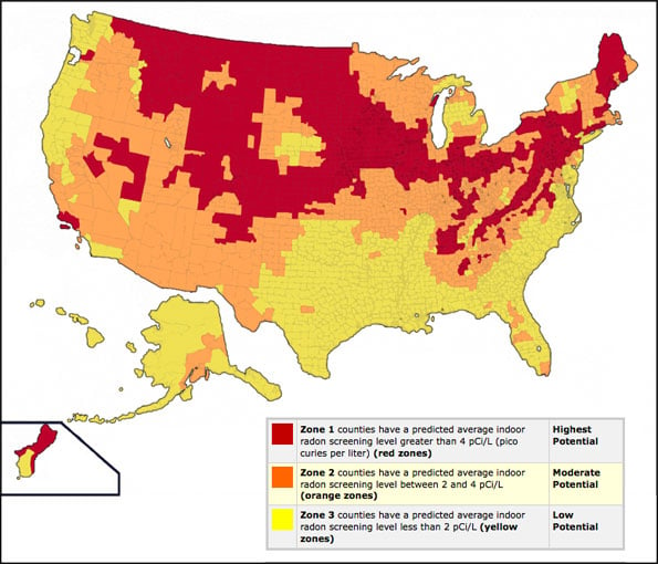 Radon poisoning at different levels in the US